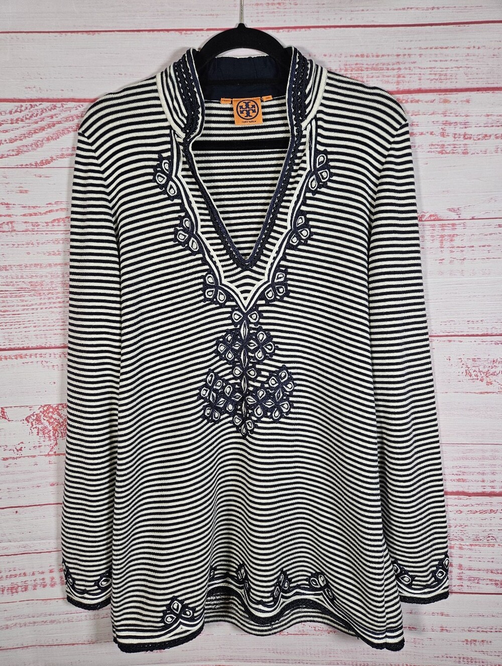 Tory Burch Long Sleeve Striped Embroidered Tunic
